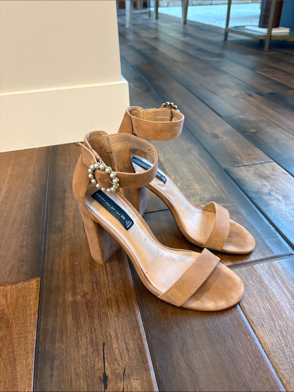 Steven By Steve Madden Tan Suede Block Heel Sandals with Pearl Accent